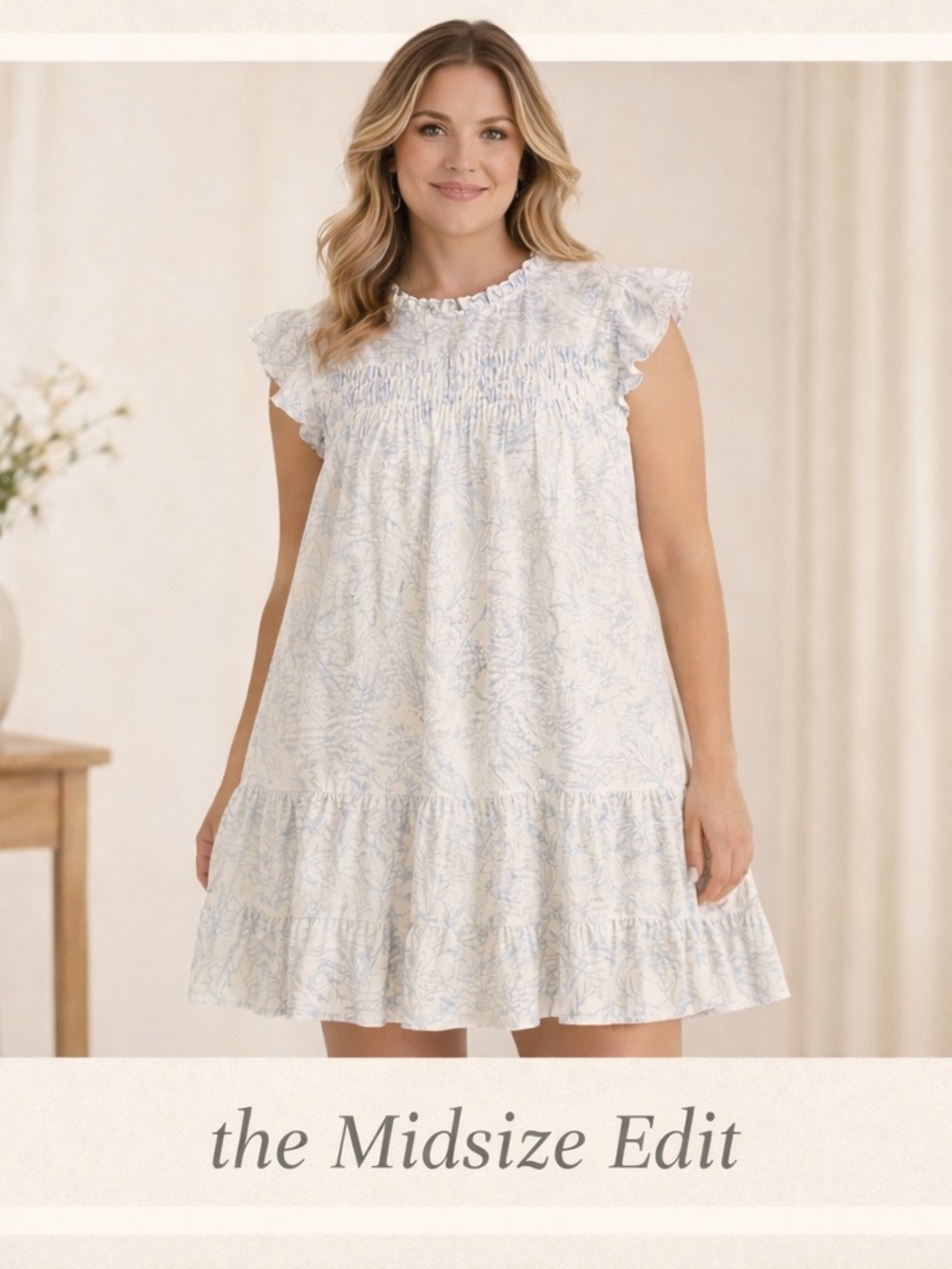 AURA Ivory & Blue Botanical Smocked Tiered Dress | Size Large